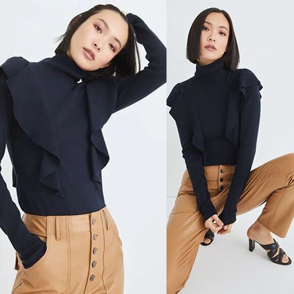 NEW Veronica Beard Freida Ruffles Turtle Neck Ribbed Long Sleeve Top Navy Blue - Picture 7 of 7